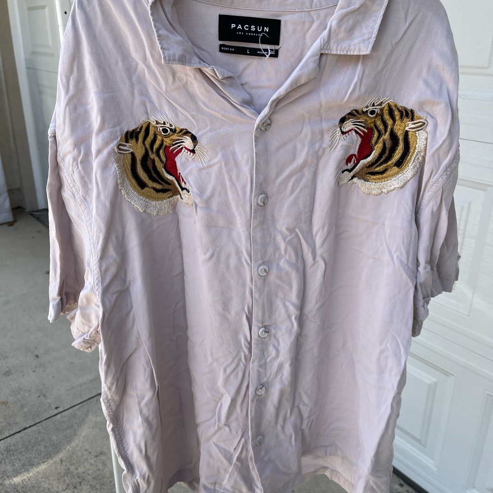 PacSun Cream Colored button Down Tiger Embroidery